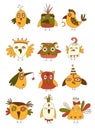 Set of Quirky Crazy birds. Hand drawn illustration. Royalty Free Stock Photo